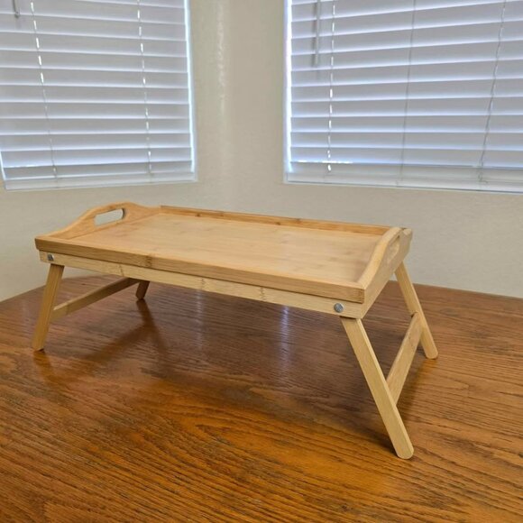 Bamboo Breakfast In Bed Tray Folding Legs with Handles Serving Tray Table - Picture 1 of 8